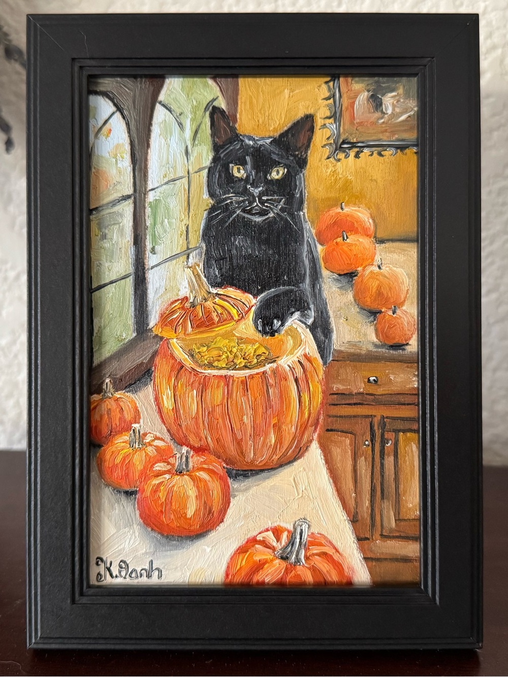 Original oil painting black cat pumpkins autumn Halloween signed framed 4x6 inch